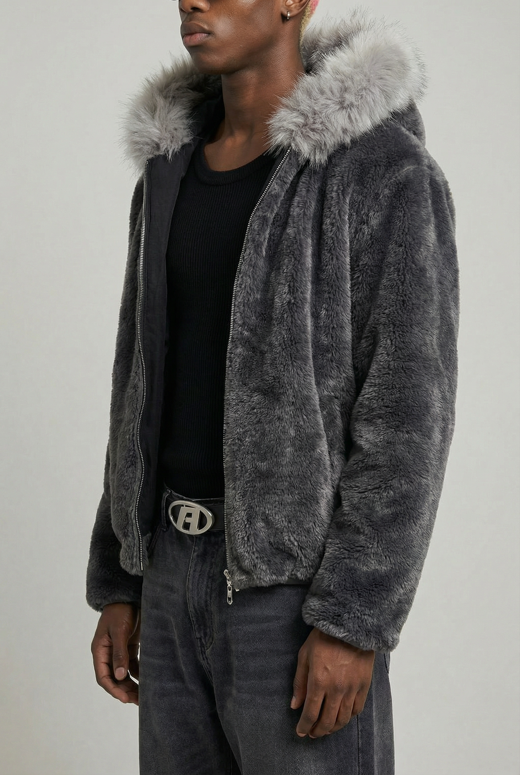Perseus Hooded Faux Jacket Charcoal